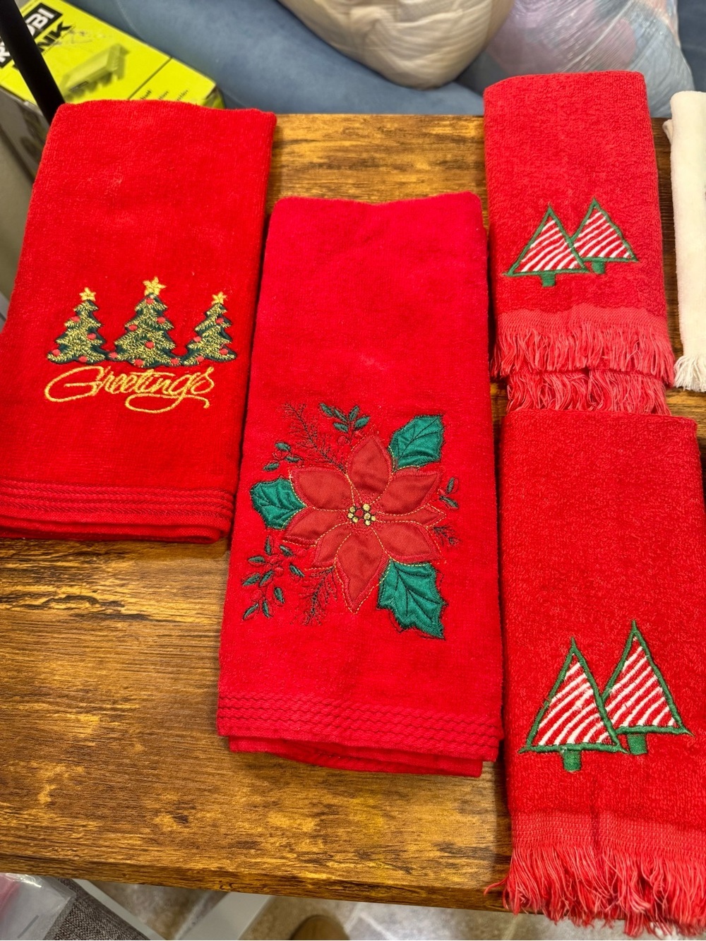 Festive Red Christmas Embroidered Hand Towels - Set of 8